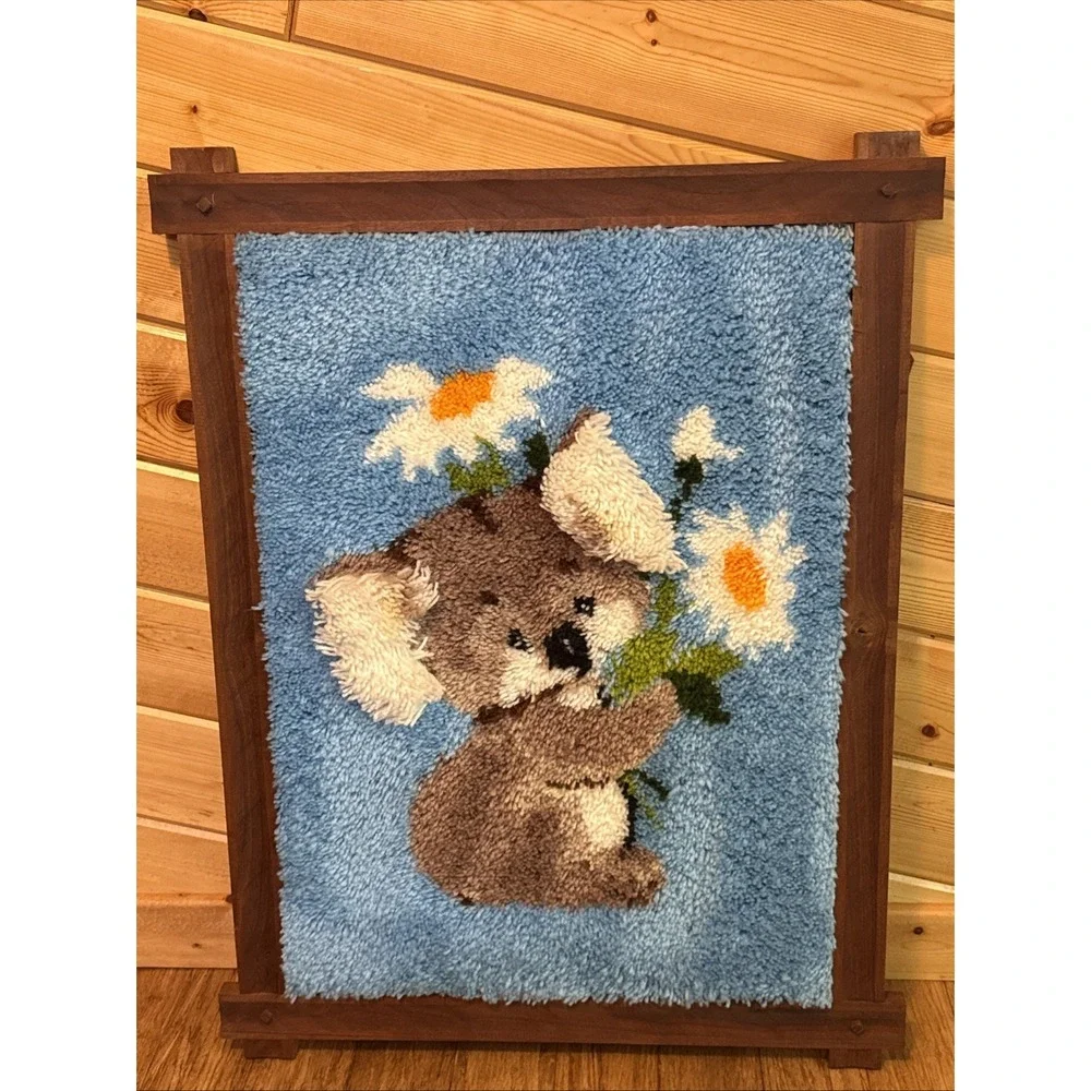 Vintage Latch & Hook Rug Wall Art Koala Bear 70's Boho 33